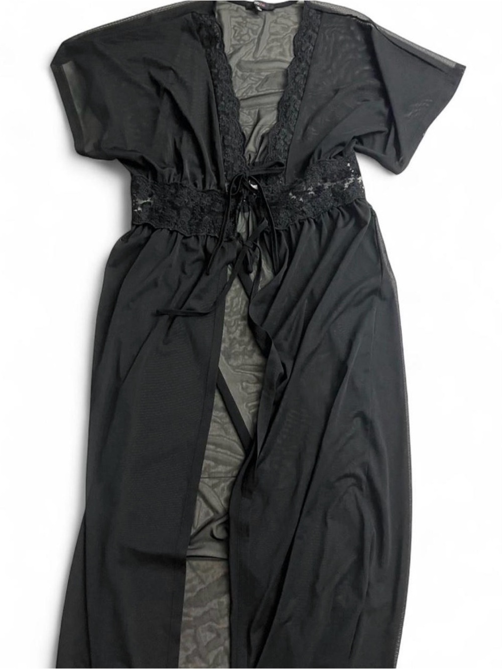 Blashe Black Sheer Mesh & Lace Tie-Front Duster Kimono Robe Cardigan